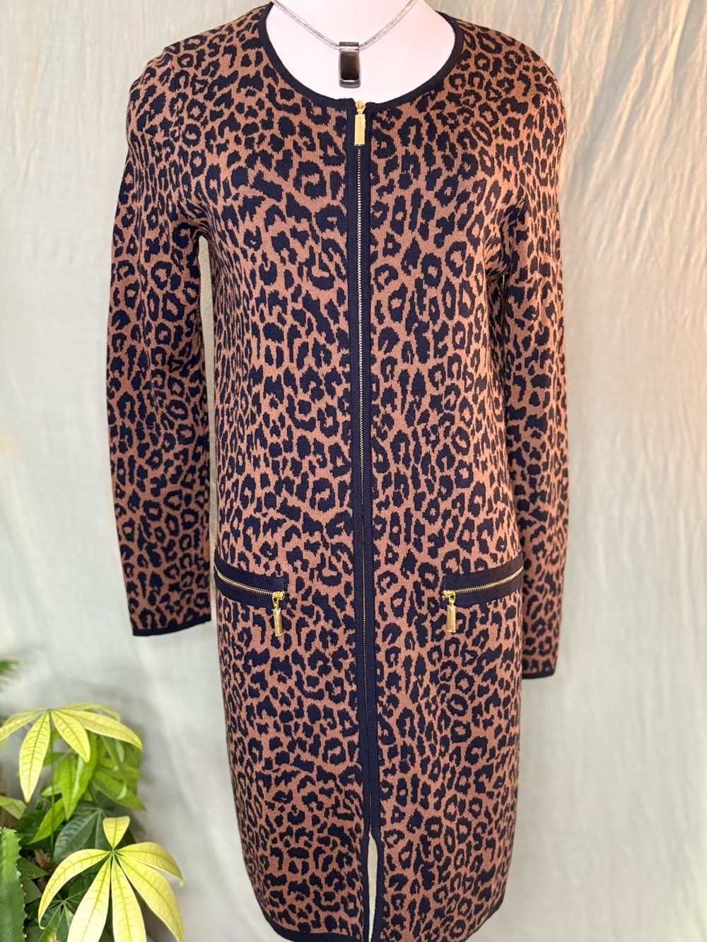 Leopard Zip-Front Sweater Coat/Sweater Dress